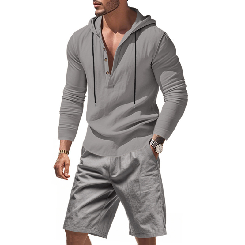 Linen Shorts Men - Erkek Keten 2 Parça Takım Kapüşonlu