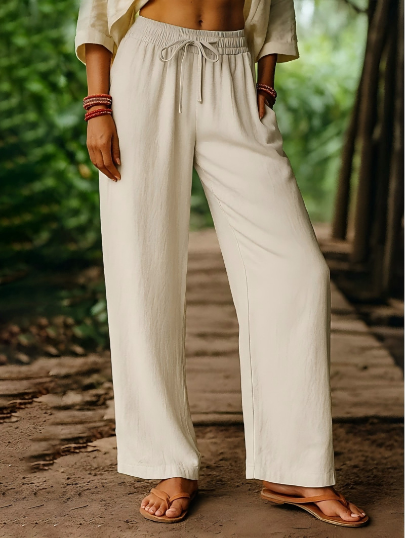 Palazzo Pant Wide - Kadın Elastik Bel Keten Pantolon -