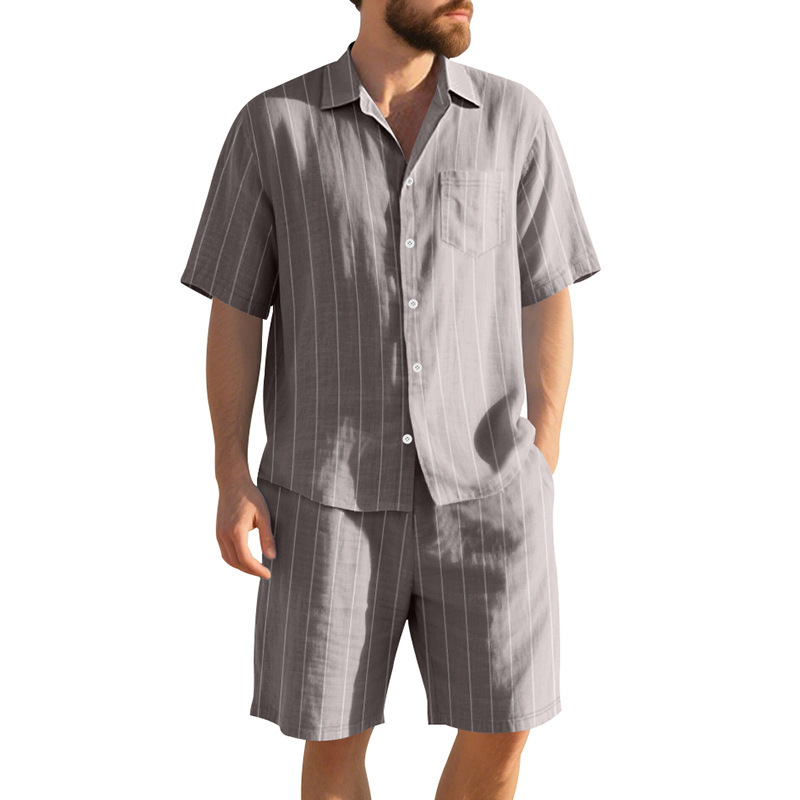 Linen Shorts Men - Yazlık Keten Takım Erkek Çizgili Jakarlı