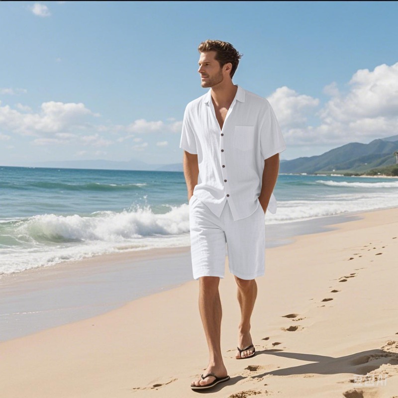 Linen Shorts Men - Erkekler Keten Karışımı Kamp Yaka Gömlek