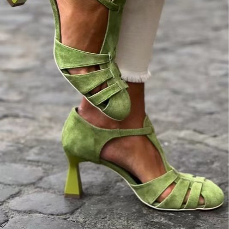 Summer Clothing For Petite Women - Kadın Yeşil Süet Kitten Topuklu T-Askılı