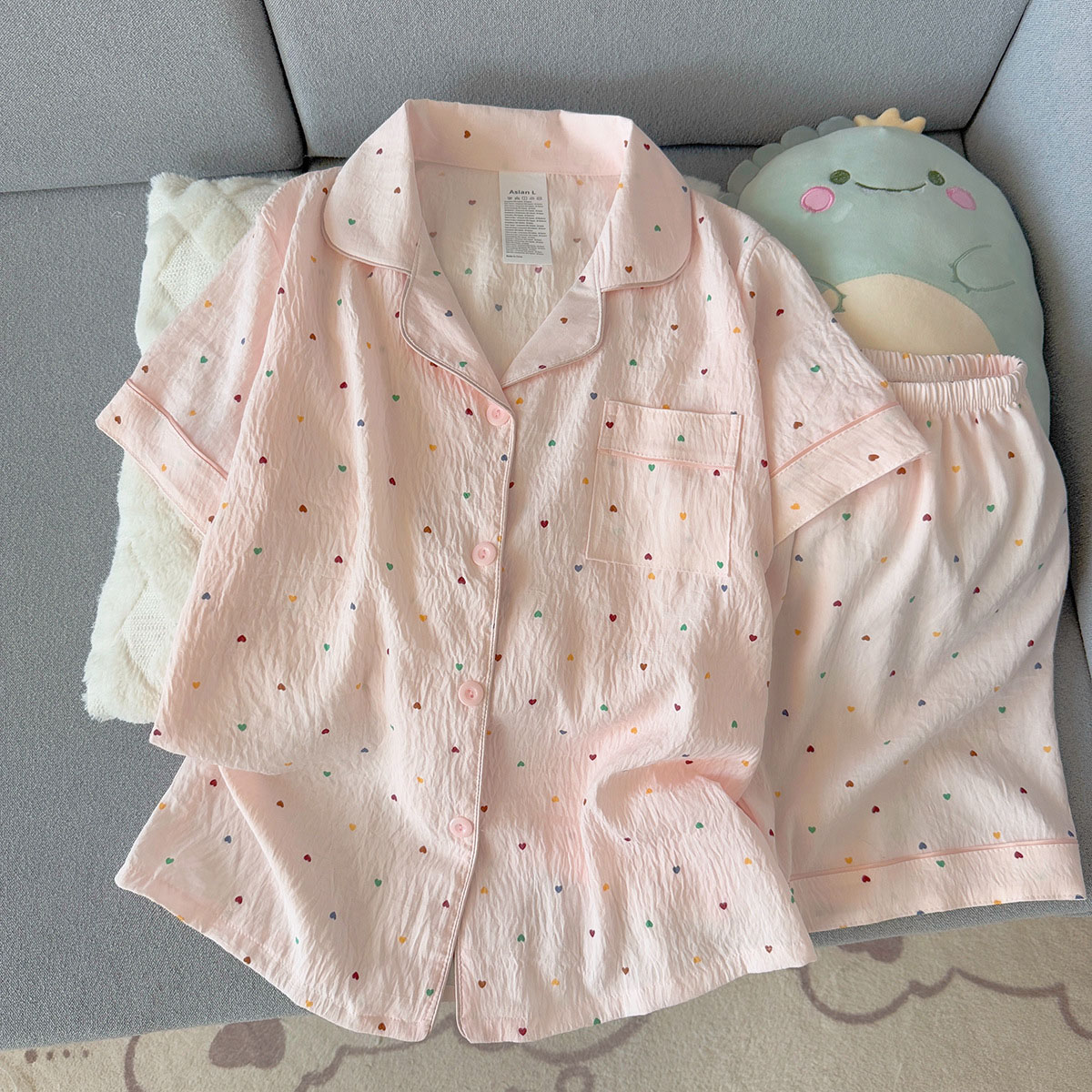 Summer Cloth - Kadın Baskılı Puantiyeli Pamuklu Pijama Takımı