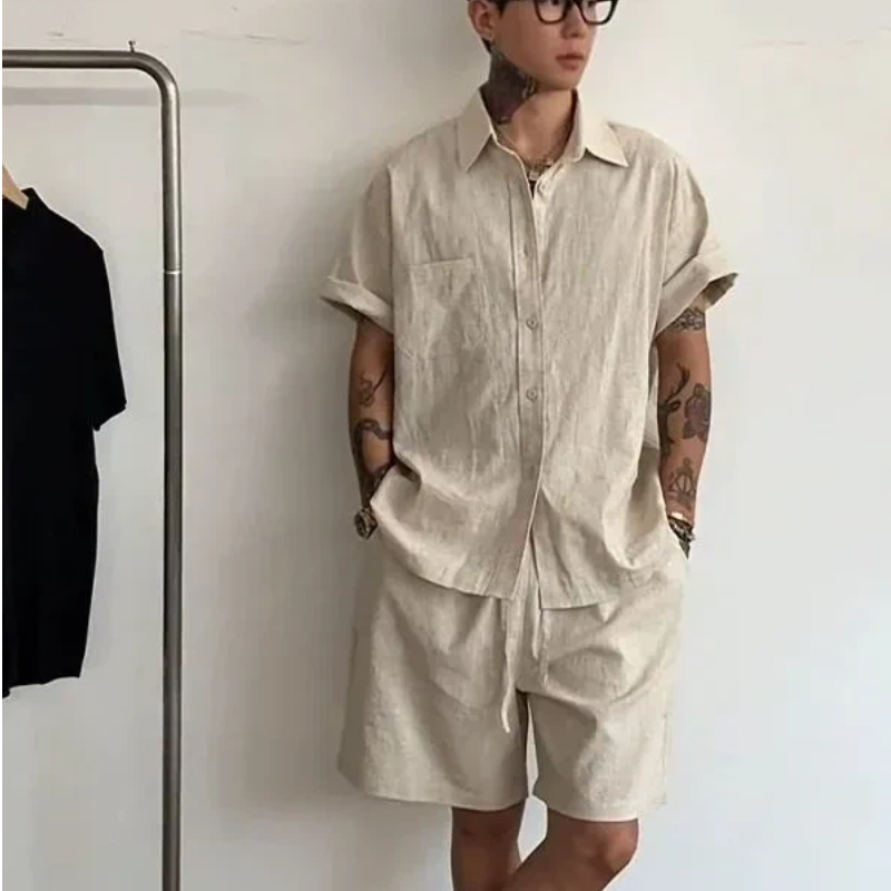 Linen Shorts Men - Erkek Keten Pamuklu 2 Parça Takım