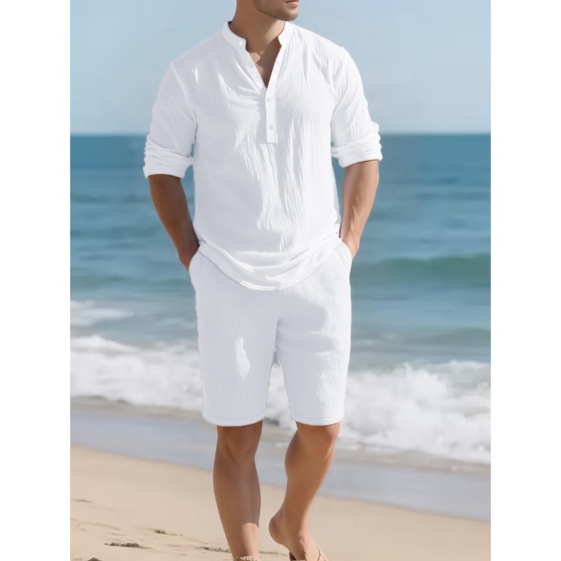 Linen Shorts Men - Erkek Beyaz Keten Karışımlı İki Parçalı