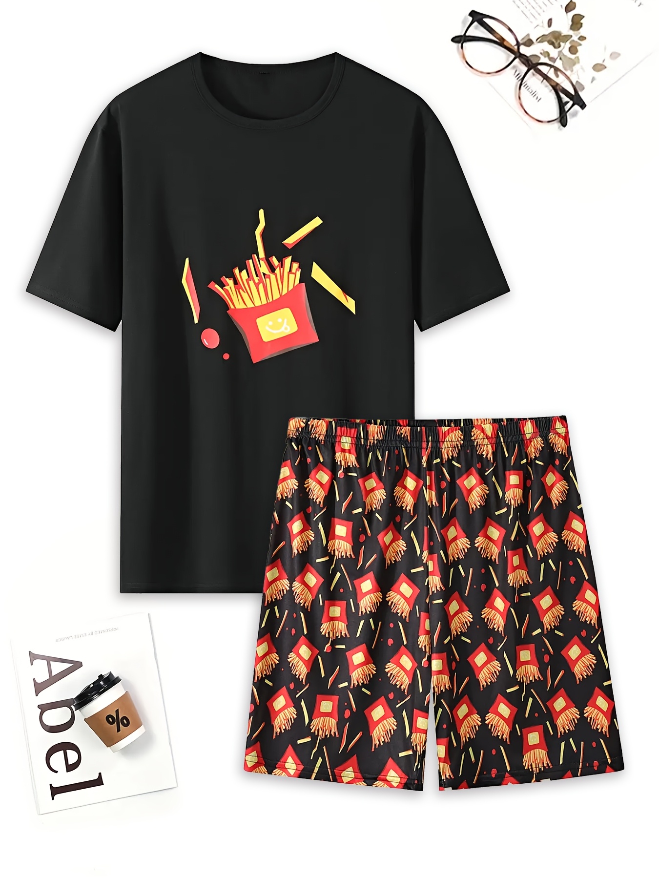 Summer Clothing In French - Patates kızartması desenli günlük pijama takımı,
