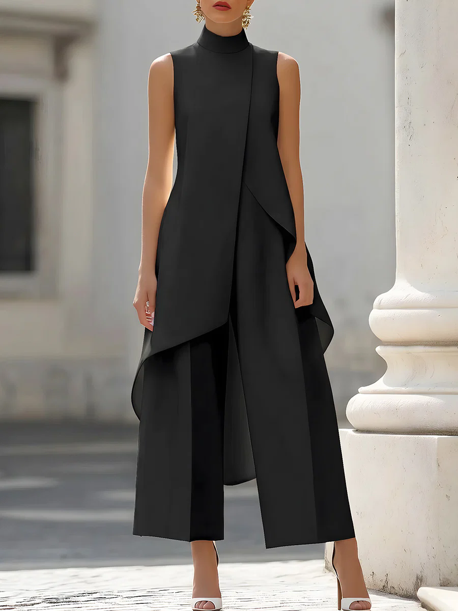 Palazzo Pant Wide - Kolsuz Yüksek Yaka Asimetrik Katmanlı Tulum