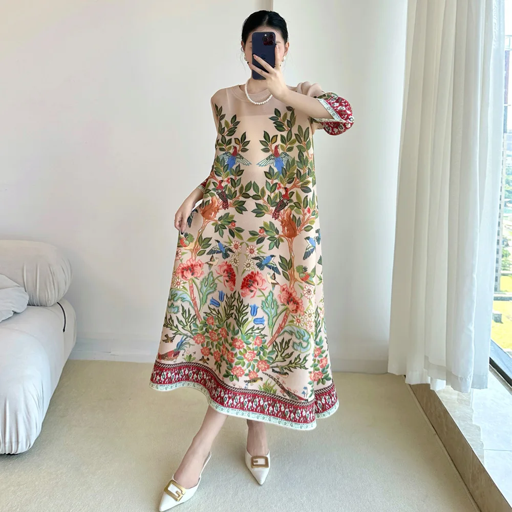 Summer 2025 Clothing Essentials - Miyake Vintage Baskı Elbise Yedi Kollu