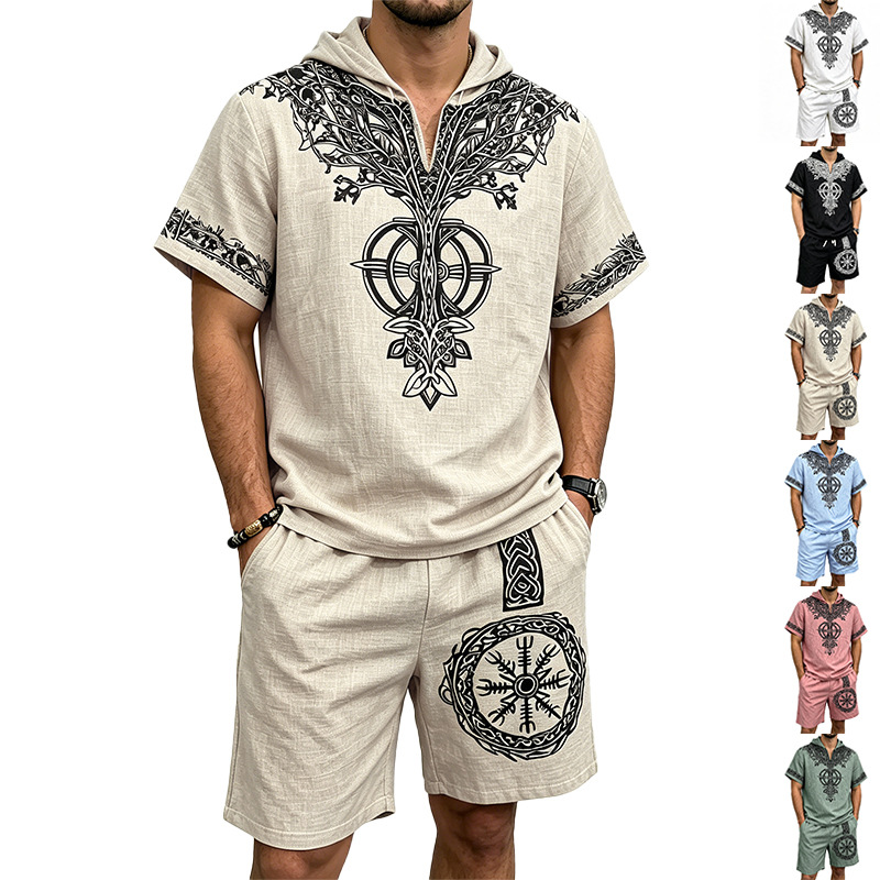 Linen Shorts Men - Erkekler Keten Görünümlü Viking Ağacı Baskılı