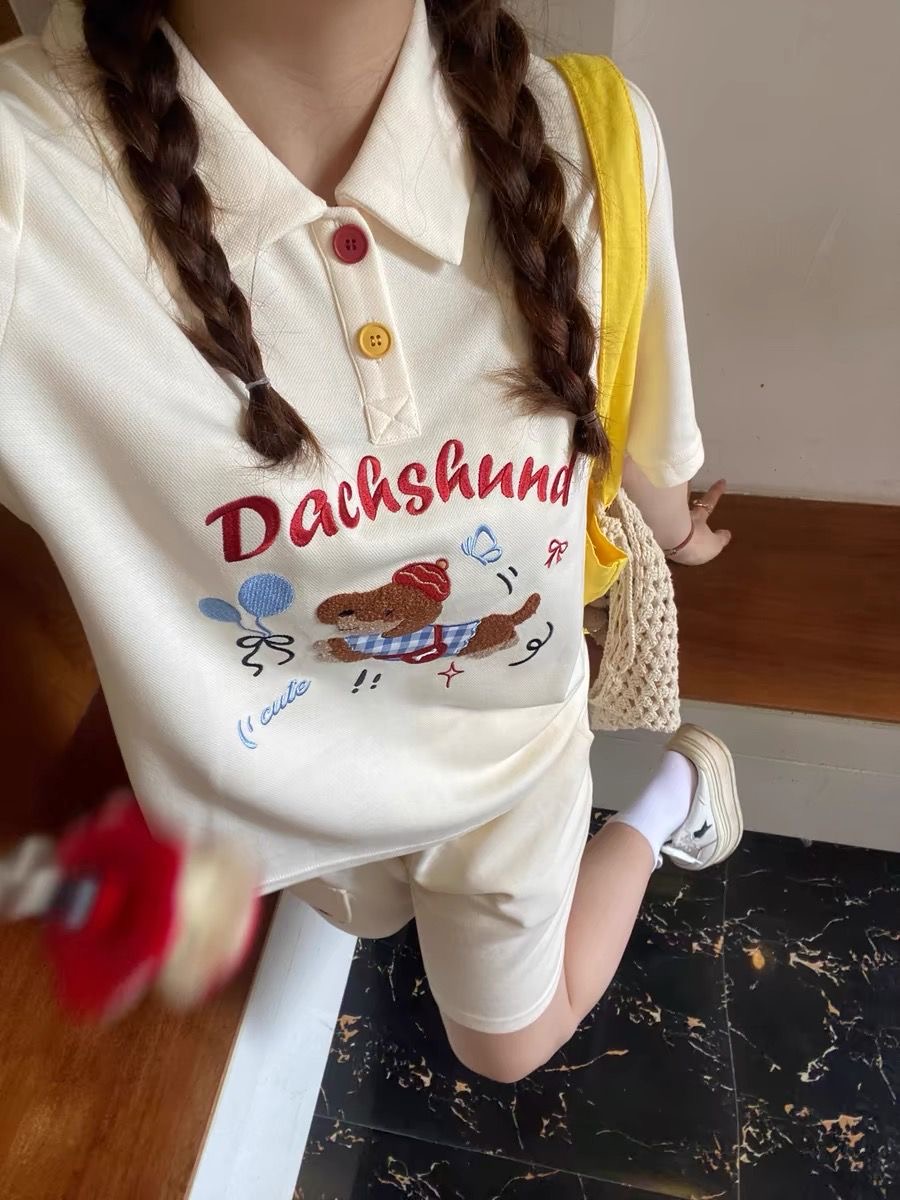 Summer Clothing Cartoon - Kawaii Nakış Köpek Japonya Tarzı Polo